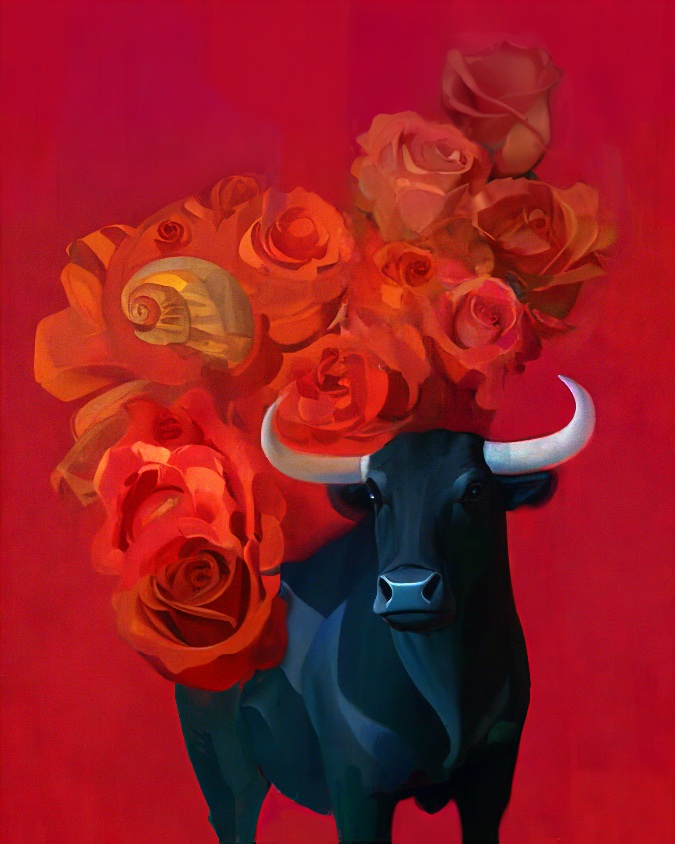 Painting of a black bull crowned with red roses