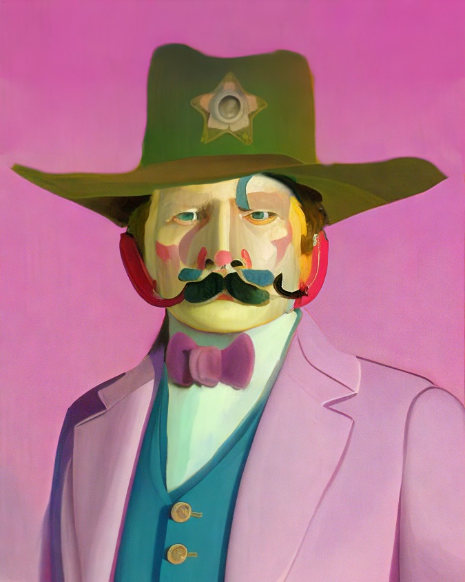 Painting of a mustachioed cowboy in a pink suit and sheriff hat