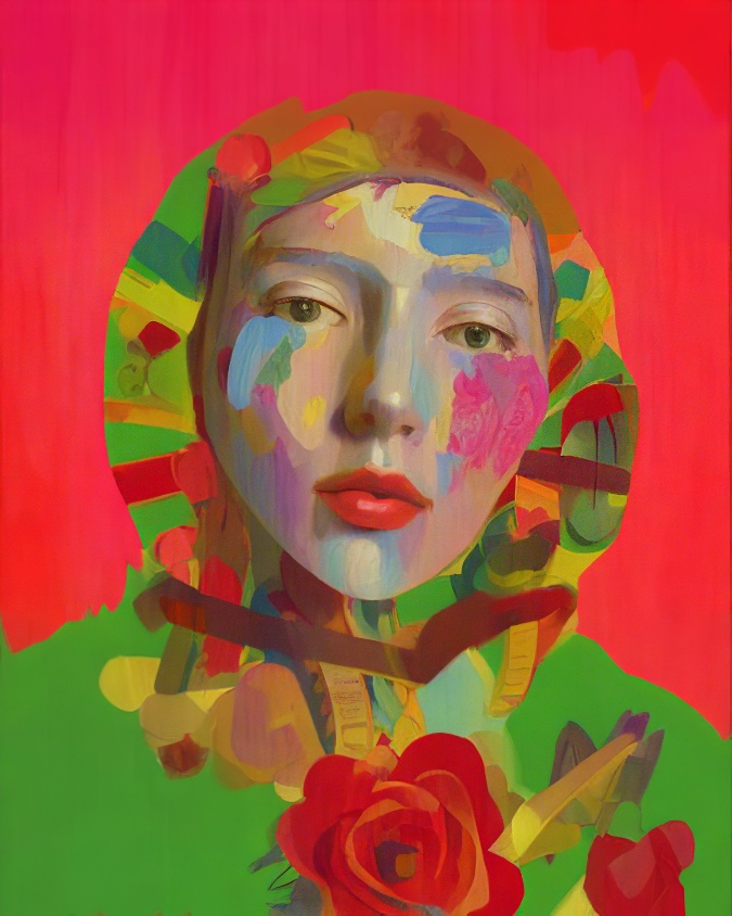 Painting of a woman wreathed in colorful brushstrokes and roses