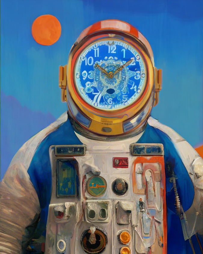 Painting of an astronaut with a clock face for a helmet visor